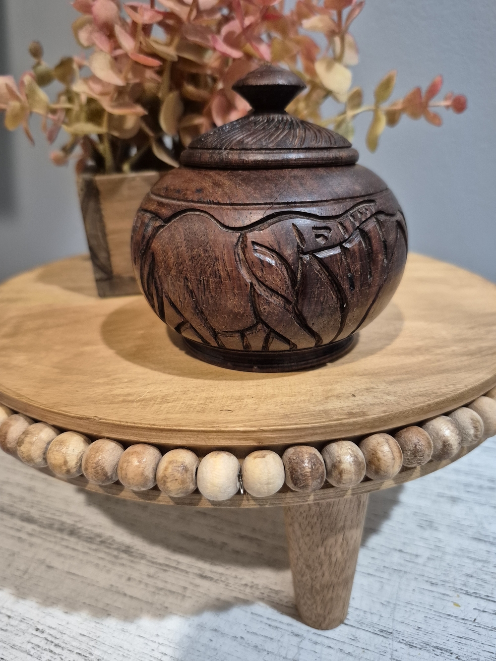 African Handcarved Wooden Elephant & Rhino Lidded Bowl Dark Wood